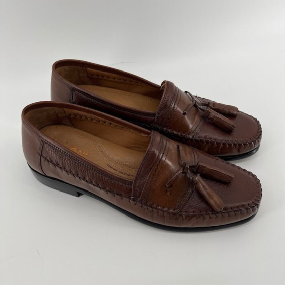 Brass Boot Moc Toe Tassel Loafers Mens 9 Brown Sheepskin Lined Old Money Preppy